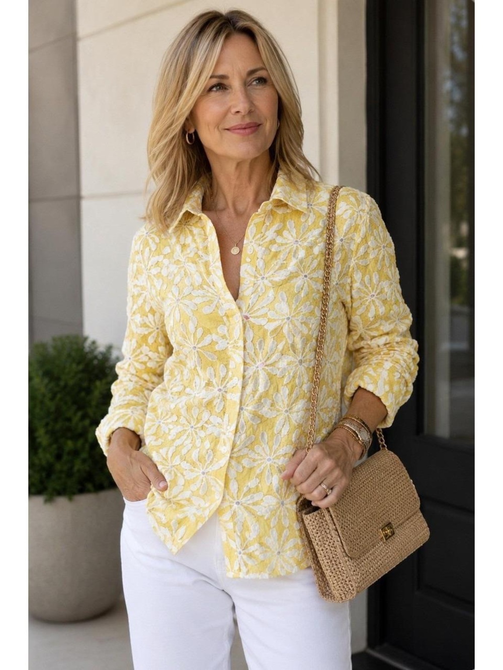 J McLaughlin Yellow Floral Lois Crinkle Button Up Shirt Size Small